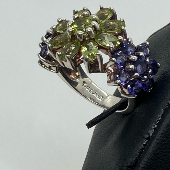 Vtg Sterling Silver Amethyst & Peridot Floral Cocktail Ring 3 Flowers | Sz 5 - Picture 10 of 13